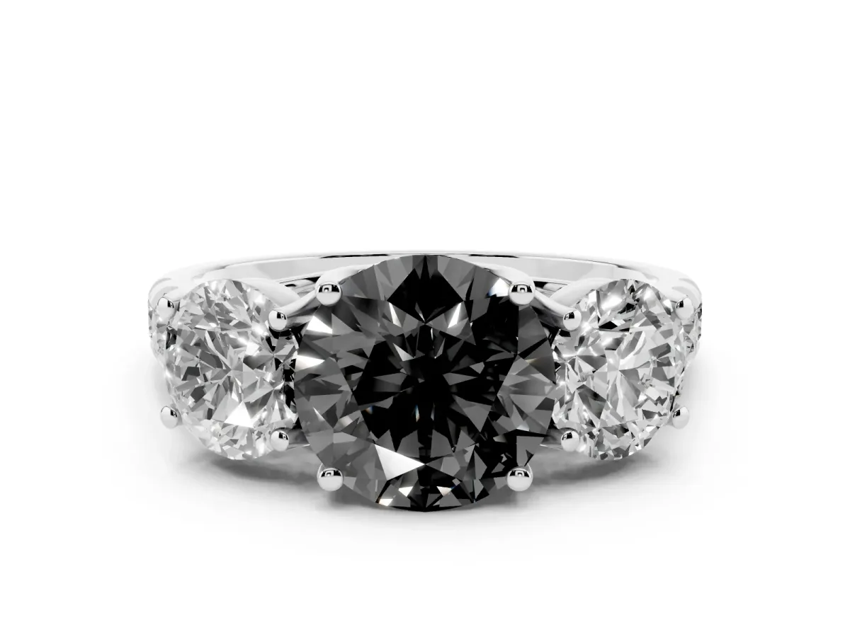 Fancy Black Round Cut Diamond Three-Stone Ring Set in White gold with Pavé Band