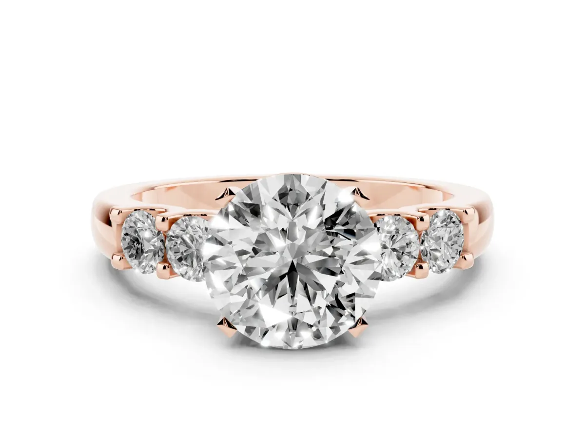 Round Cut Diamond Five-Stone Prong Set Engagement Ring Set in Rose gold with Channel Band
