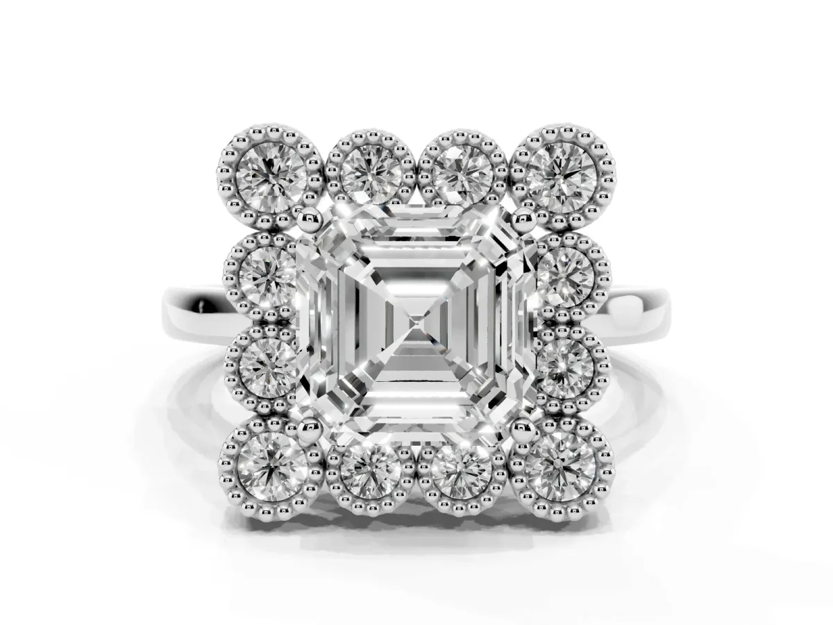 Asscher Cut Diamond Cluster Halo Ring Set in Platinum with Milgrain Bezel Accents and Plain Band
