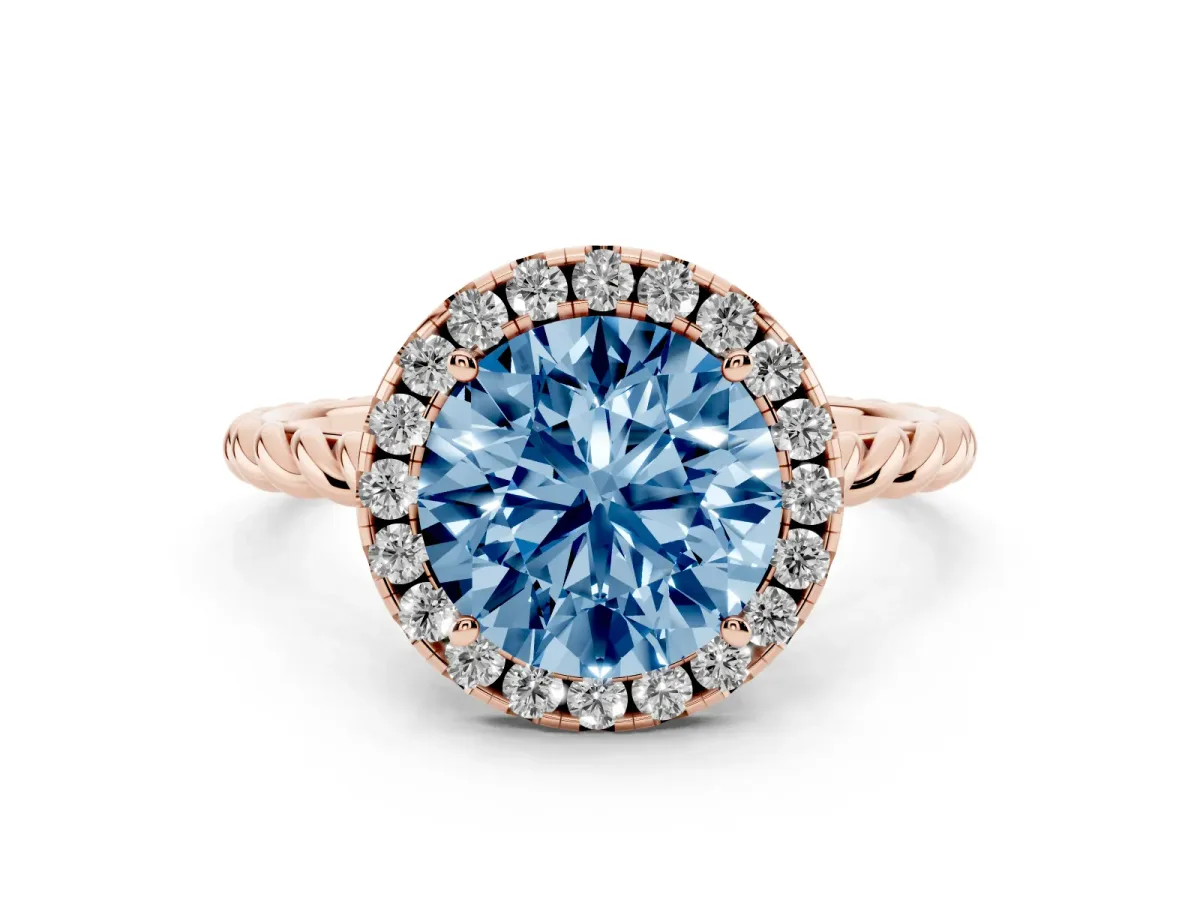 Fancy Blue Round Cut Diamond Halo Ring Set in Rose gold with Plain Twisted Band
