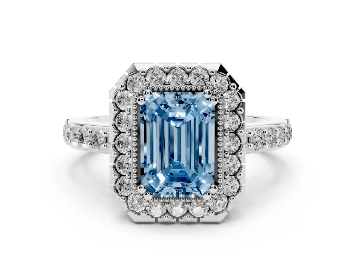 Fancy Blue Emerald Cut Diamond Halo Ring Set in Platinum with Pavé Shank and Prong Setting