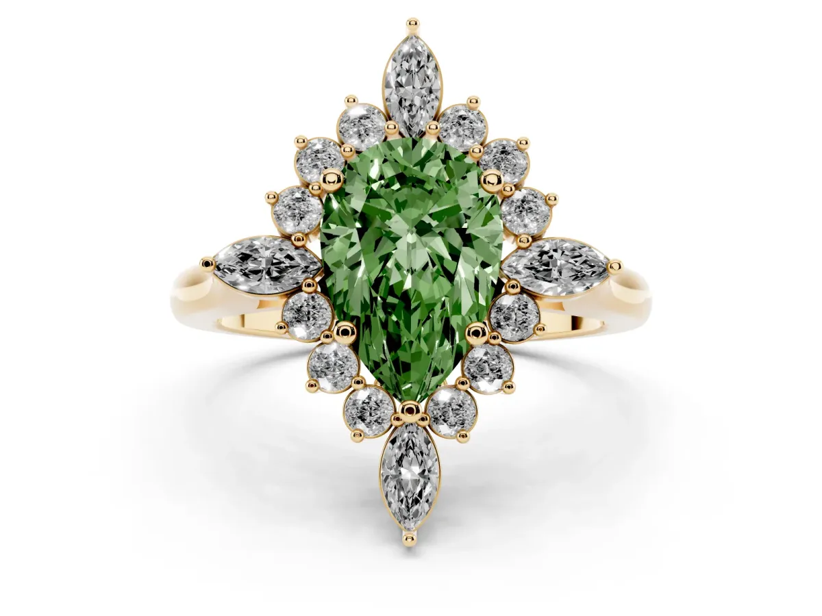 Fancy Green Pear Cut Diamond Cluster Halo Ring Set in Yellow gold with Marquise and Round Accents