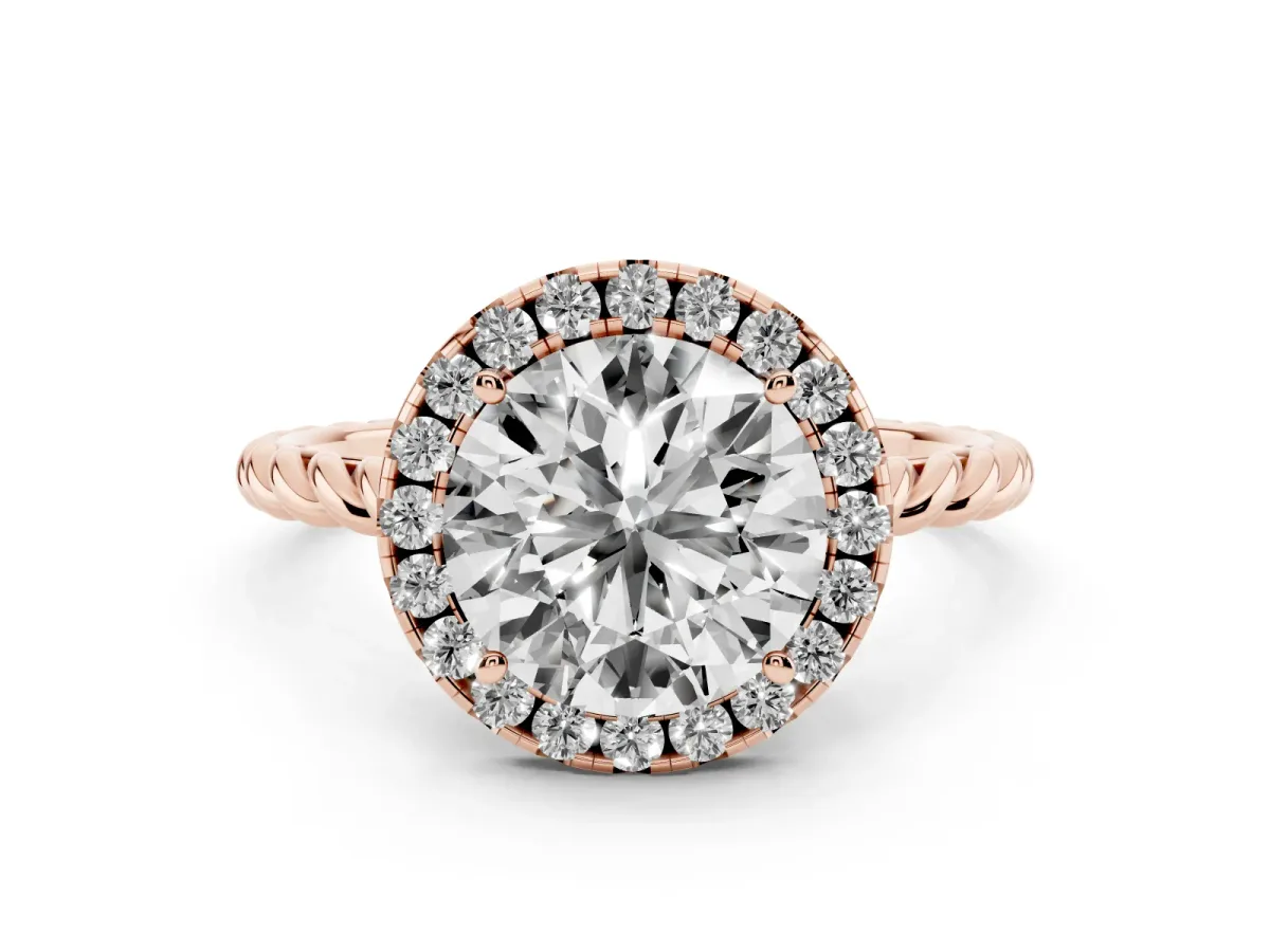 Round Cut Diamond Halo Ring Set in Rose gold with Plain Twisted Band