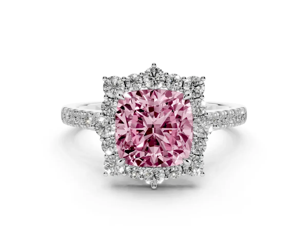 Fancy Pink Cushion Cut Diamond Halo Ring Set in White gold with Pavé Band and Prong Setting