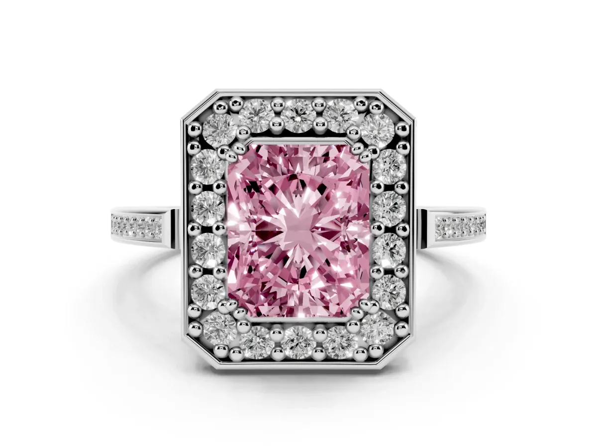 Fancy Pink Radiant Cut Diamond Halo Ring Set in Platinum with Accent-Lined Split Shank and Prong Setting