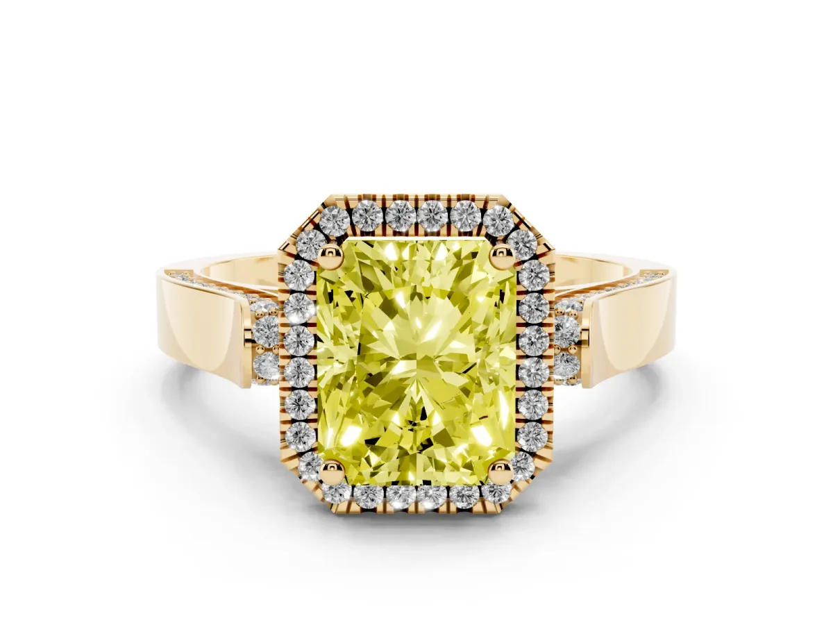 Fancy Yellow Radiant Cut Diamond Halo Ring Set in Yellow gold with Pavé-Lined Split Shank Band