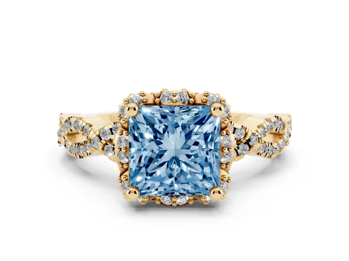 Fancy Blue Princess Cut Diamond Halo Twist Band Solitaire Ring Set in Yellow gold with Prong-Set Center Stone