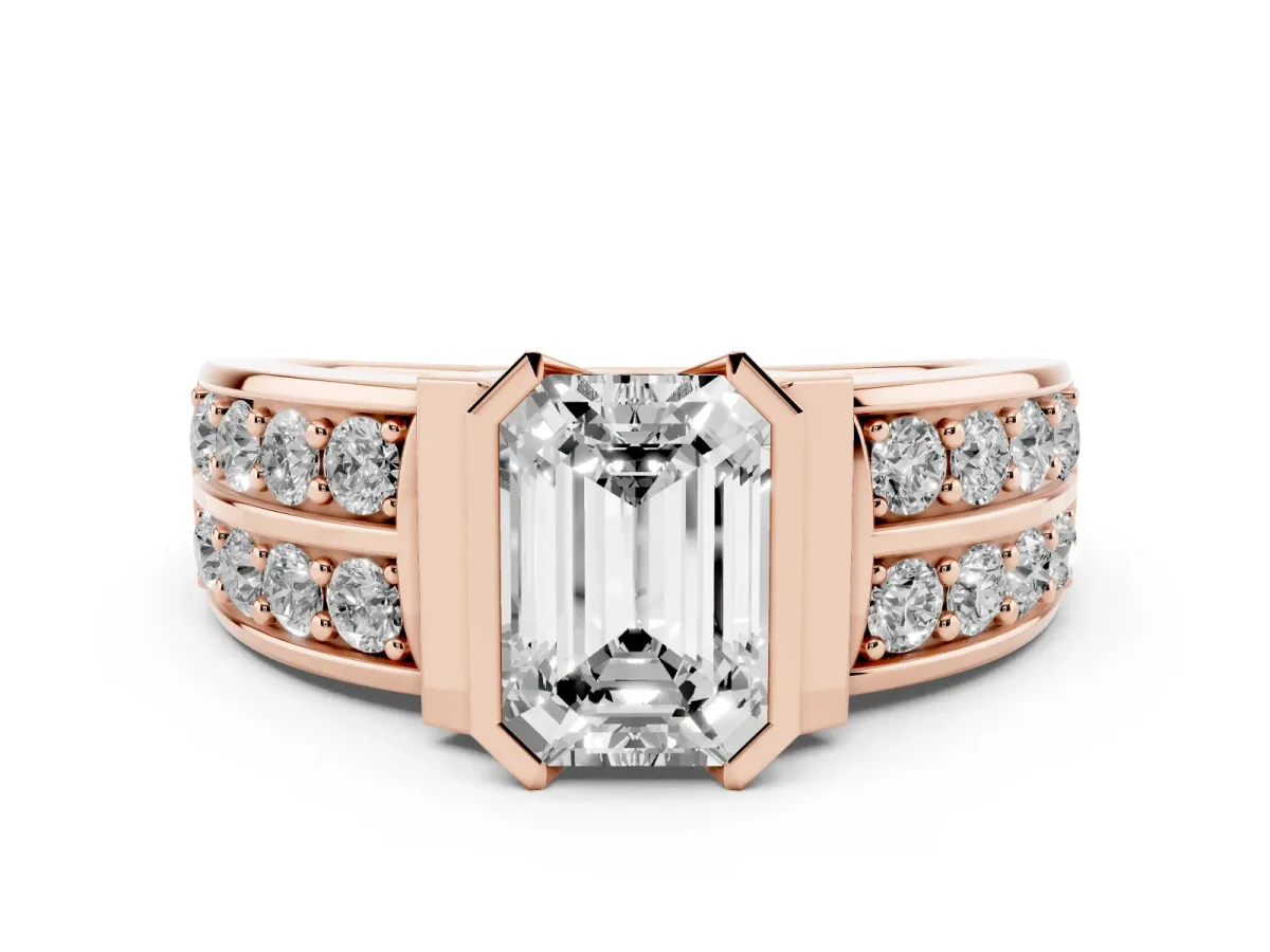 Emerald Cut Diamond Wide Channel Set Band Ring Set in Rose gold with Bezel Setting