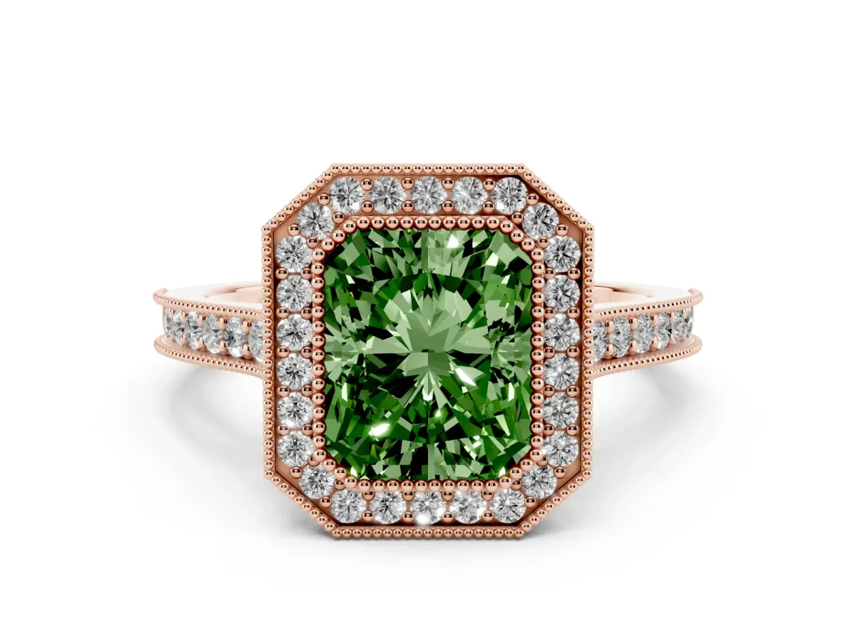 Fancy Green Radiant Cut Diamond Halo Milgrain Pavé Band Ring Set in Rose gold with Prong Setting