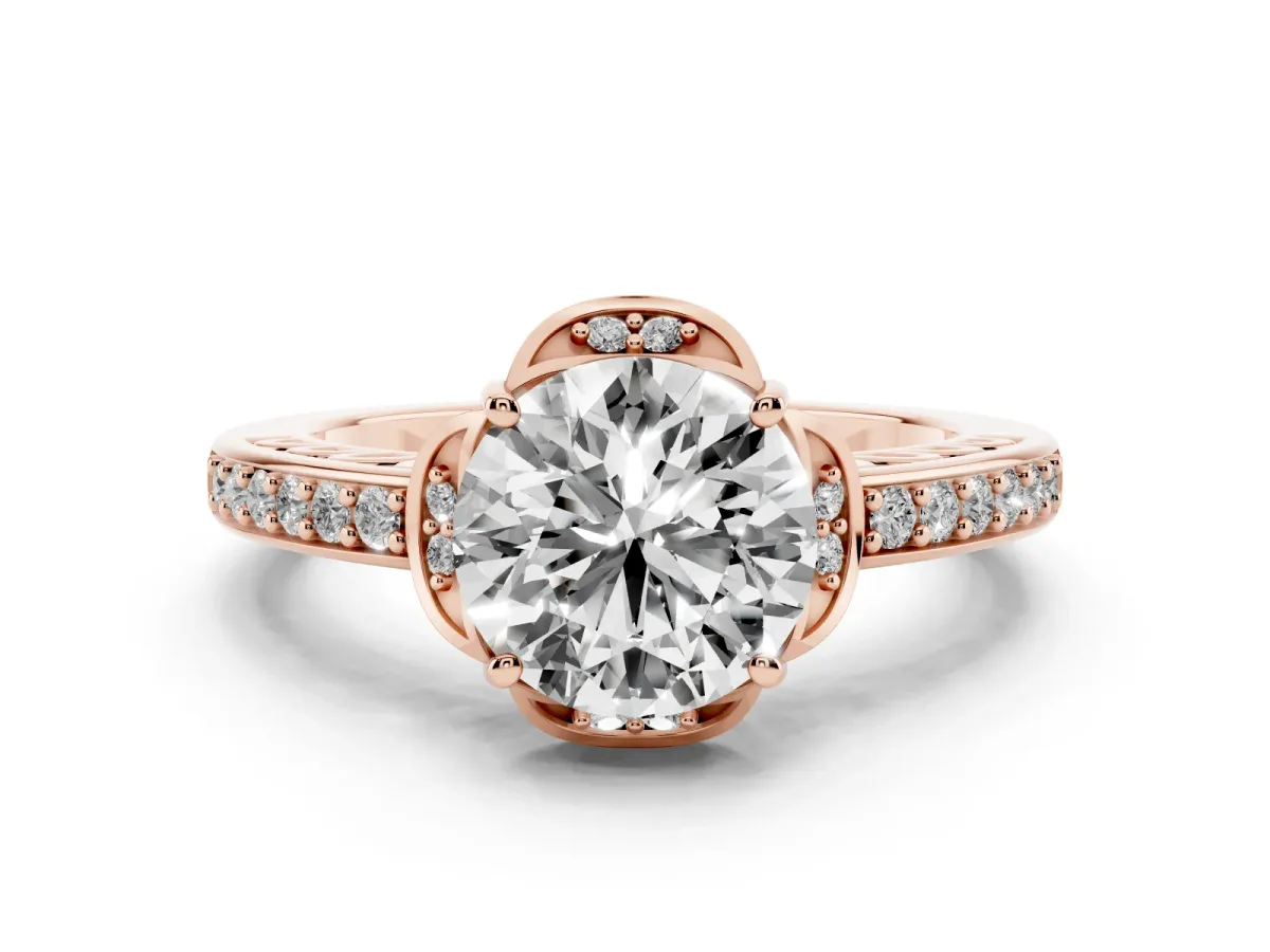 Round Cut Diamond Halo Ring Set in Rose gold with Channel Set Band and Prong Setting
