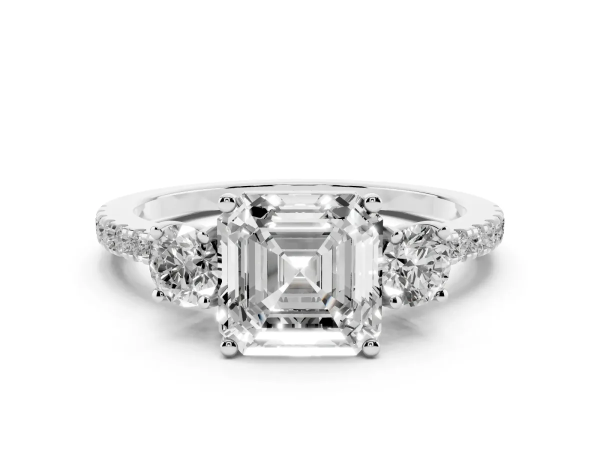 Asscher Cut Diamond Three-Stone Ring Set in Silver with Pavé Band and Graduated Sides
