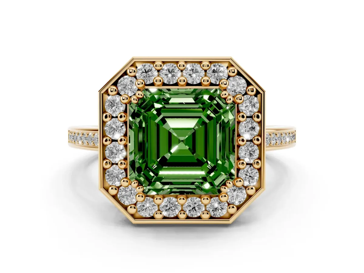 Fancy Green Asscher Cut Diamond Halo Ring Set in Yellow gold with Accent-Lined Split Shank and Prong Setting
