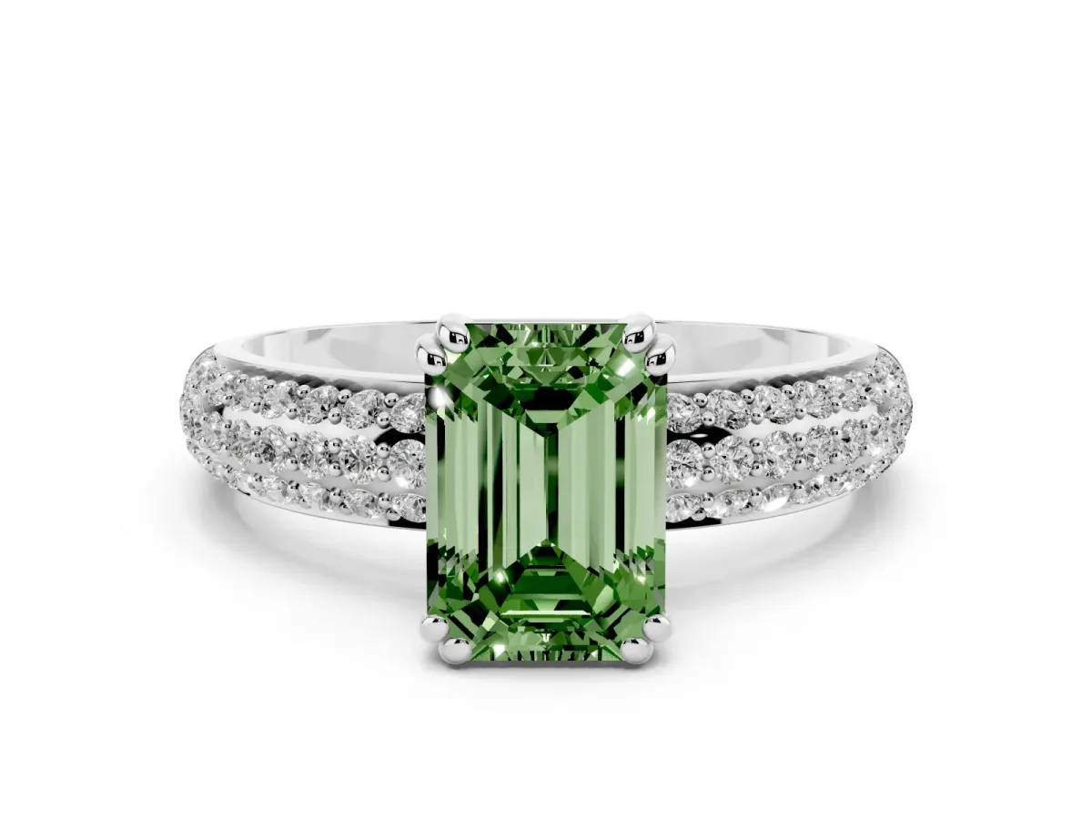 Fancy Green Emerald Cut Diamond Solitaire Ring Set in White gold with Multi-Row Round Pavé Band and Prong Setting