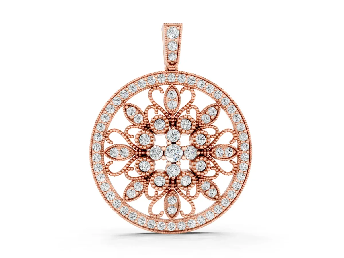 Round Pavé Diamond Filigree Pendant Set in Rose gold with Floral Marquise Motif