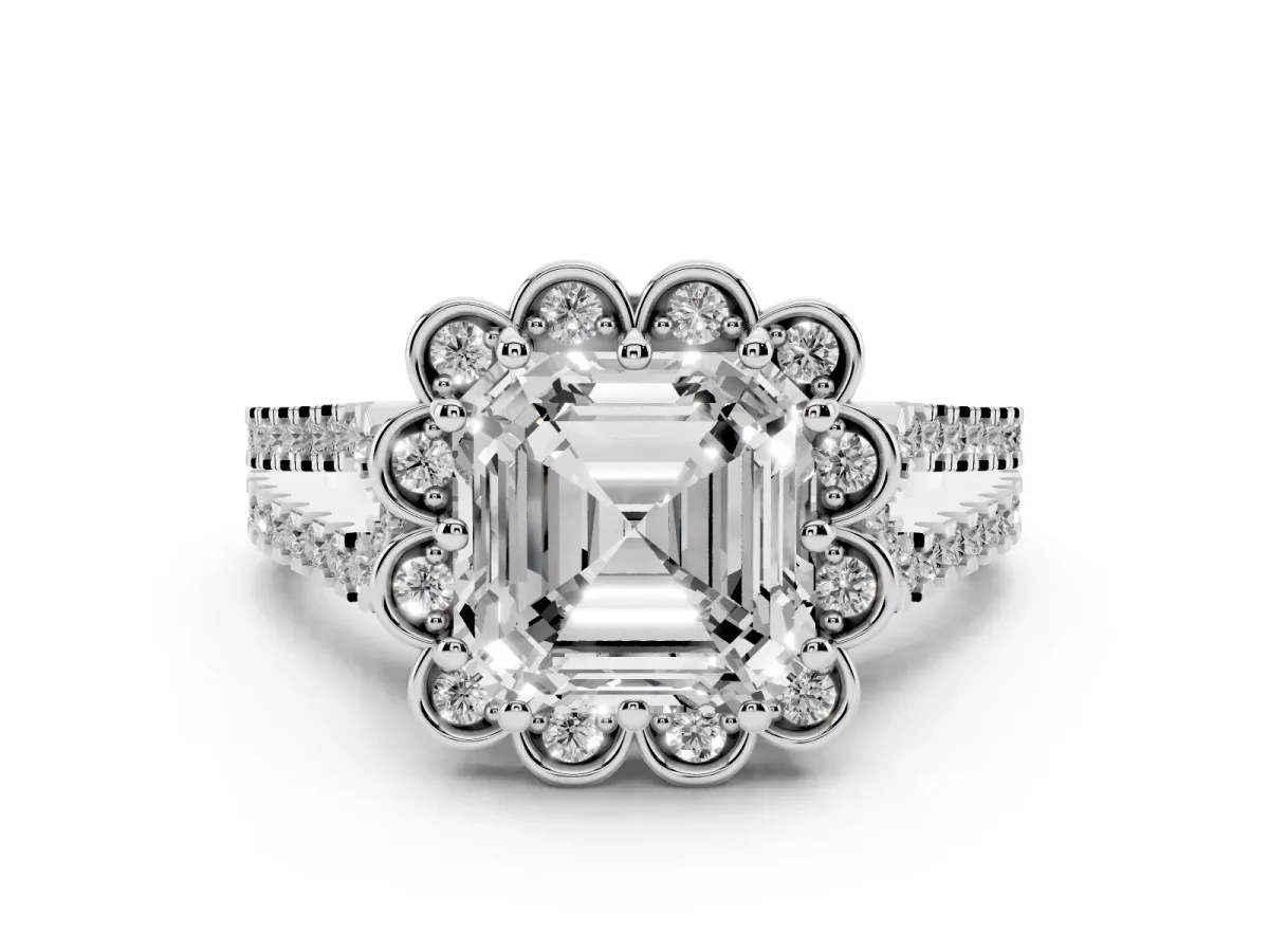 Asscher Cut Diamond Floral Halo Split Shank Engagement Ring Set in Platinum with Pavé Shank