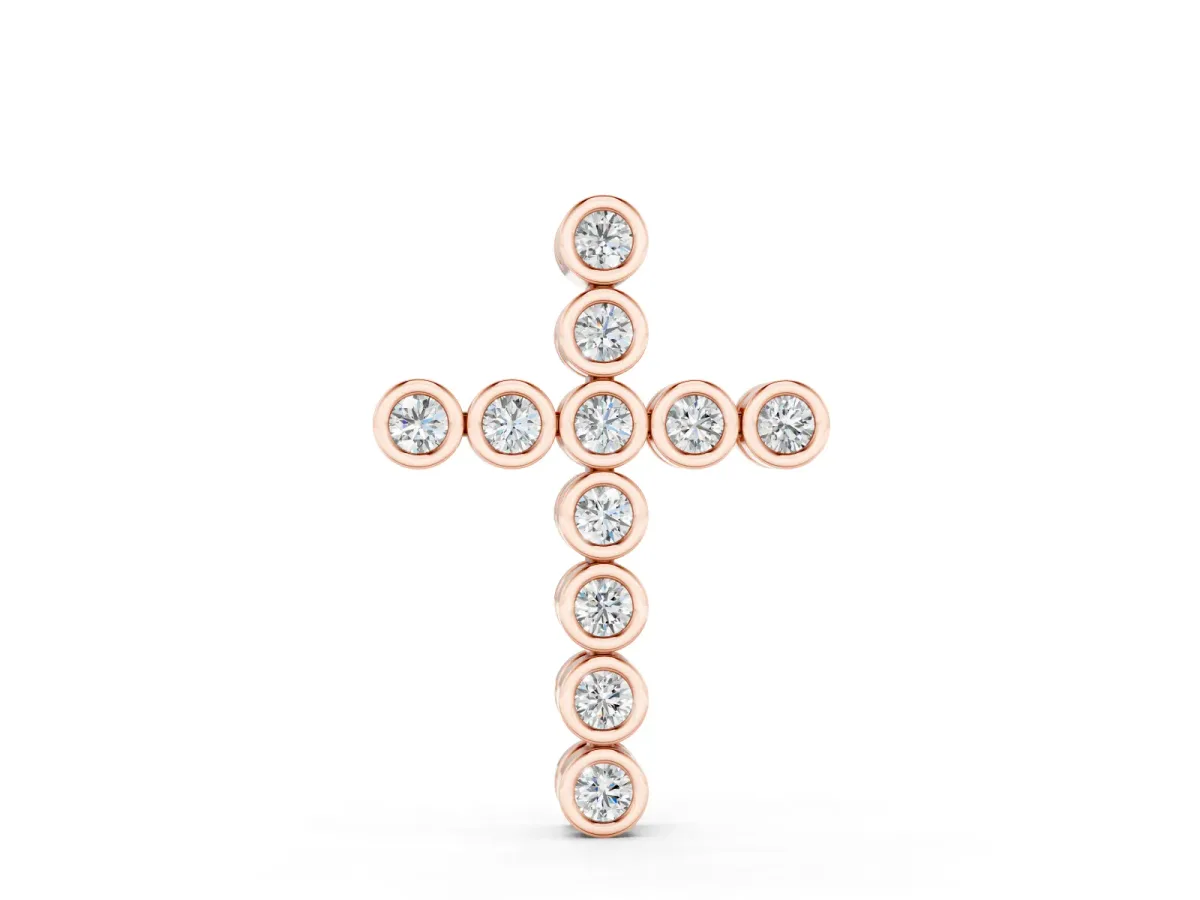 Bezel-Set Round Diamond Cross Pendant Set in Rose gold with Smooth Stone Frames