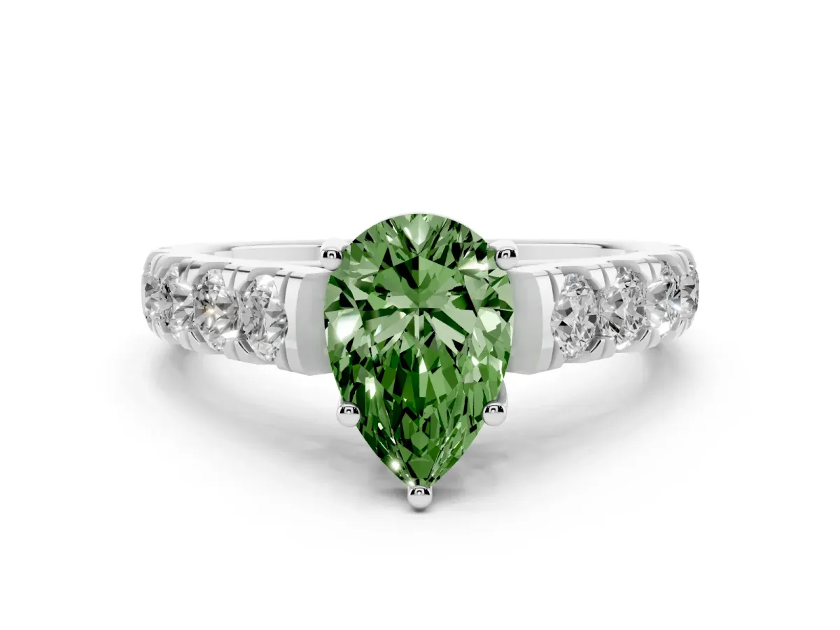 Fancy Green Pear Cut Diamond Solitaire Ring Set in White gold with Cut-Down Micro Pavé Band and Prong Setting
