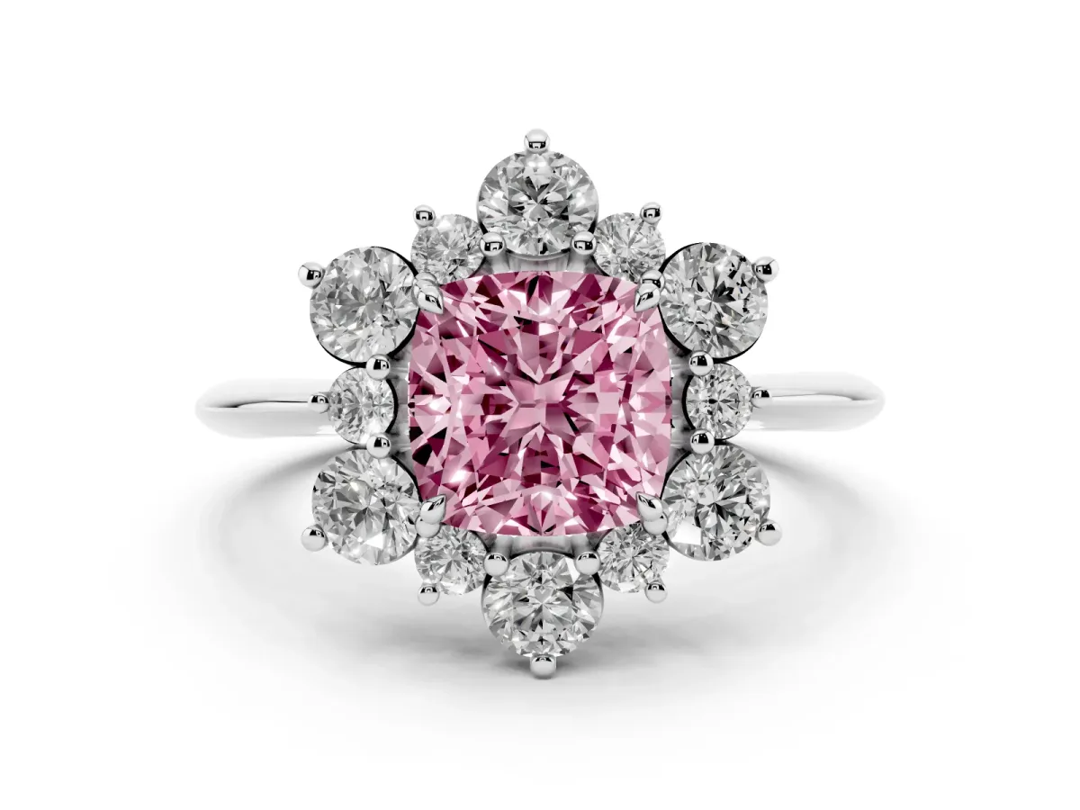 Fancy Pink Cushion Cut Diamond Cluster Halo Ring Set in White gold with Solitaire Band and Prong Setting