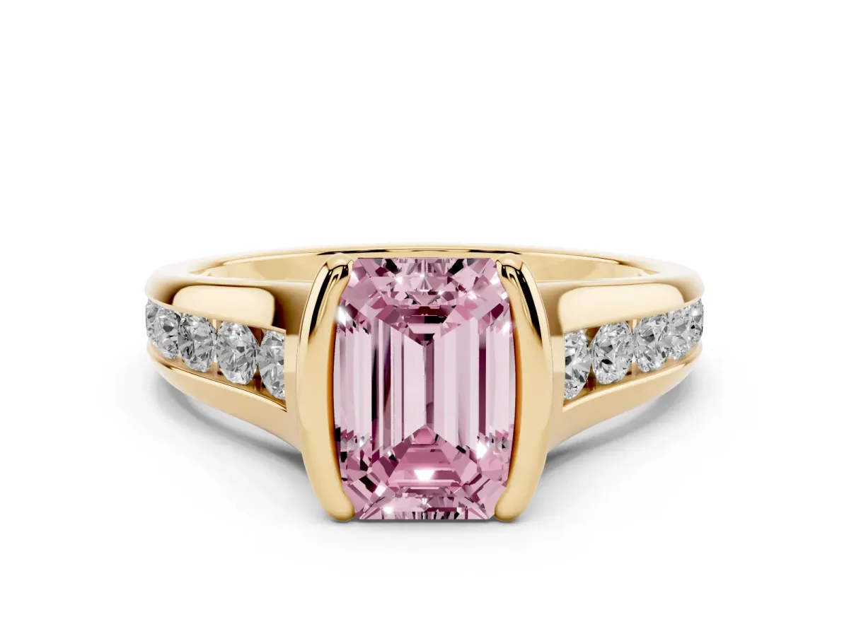 Fancy Pink Emerald Cut Diamond Bezel-Set Solitaire Ring Set in Yellow gold with Channel-Set Band