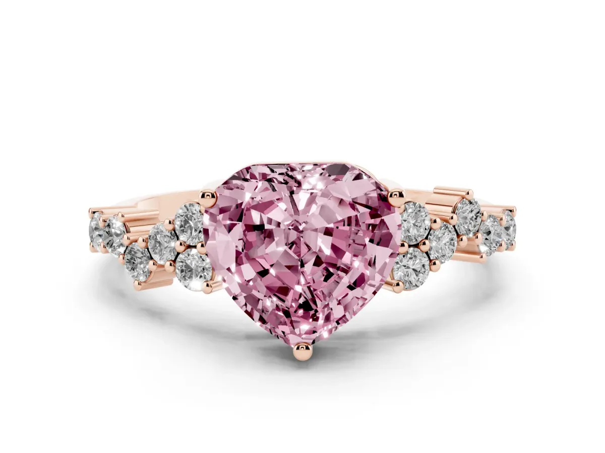 Fancy Pink Heart Cut Diamond Ring Set in Rose gold with Scattered Round Accents