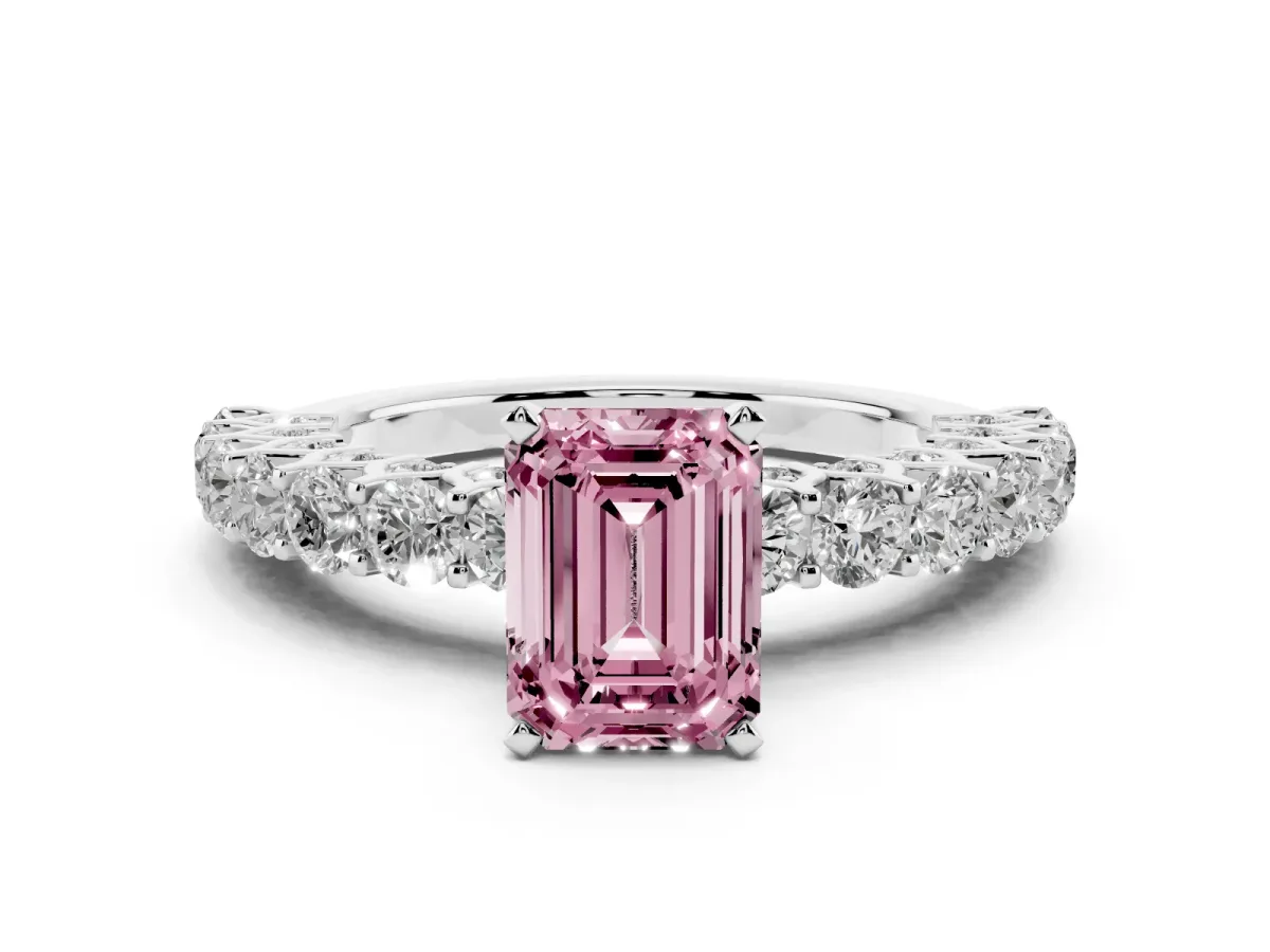 Fancy Pink Emerald Cut Diamond Solitaire Ring Set in Platinum with Shared Prong Pavé Band
