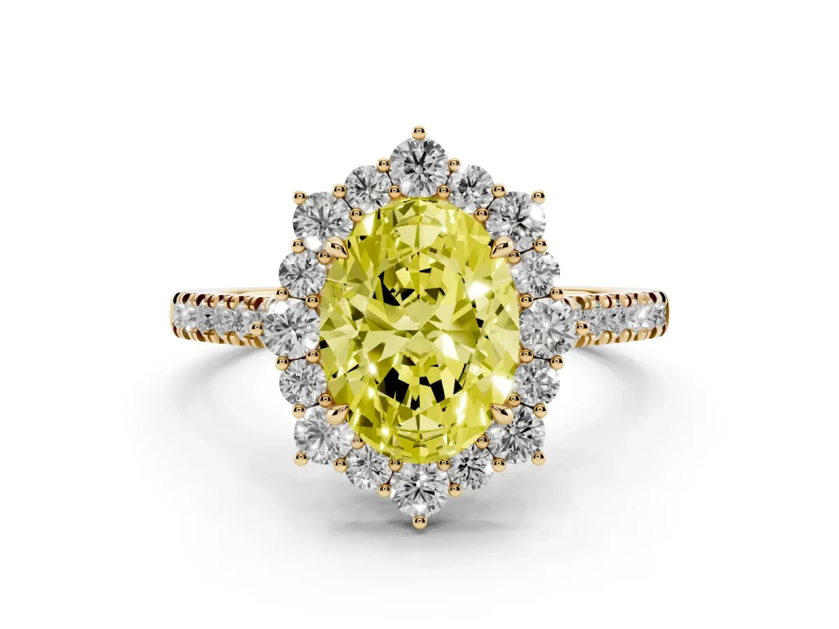 Fancy Yellow Oval Cut Diamond Halo Ring Set in Yellow gold with Pavé Band and Prong Setting
