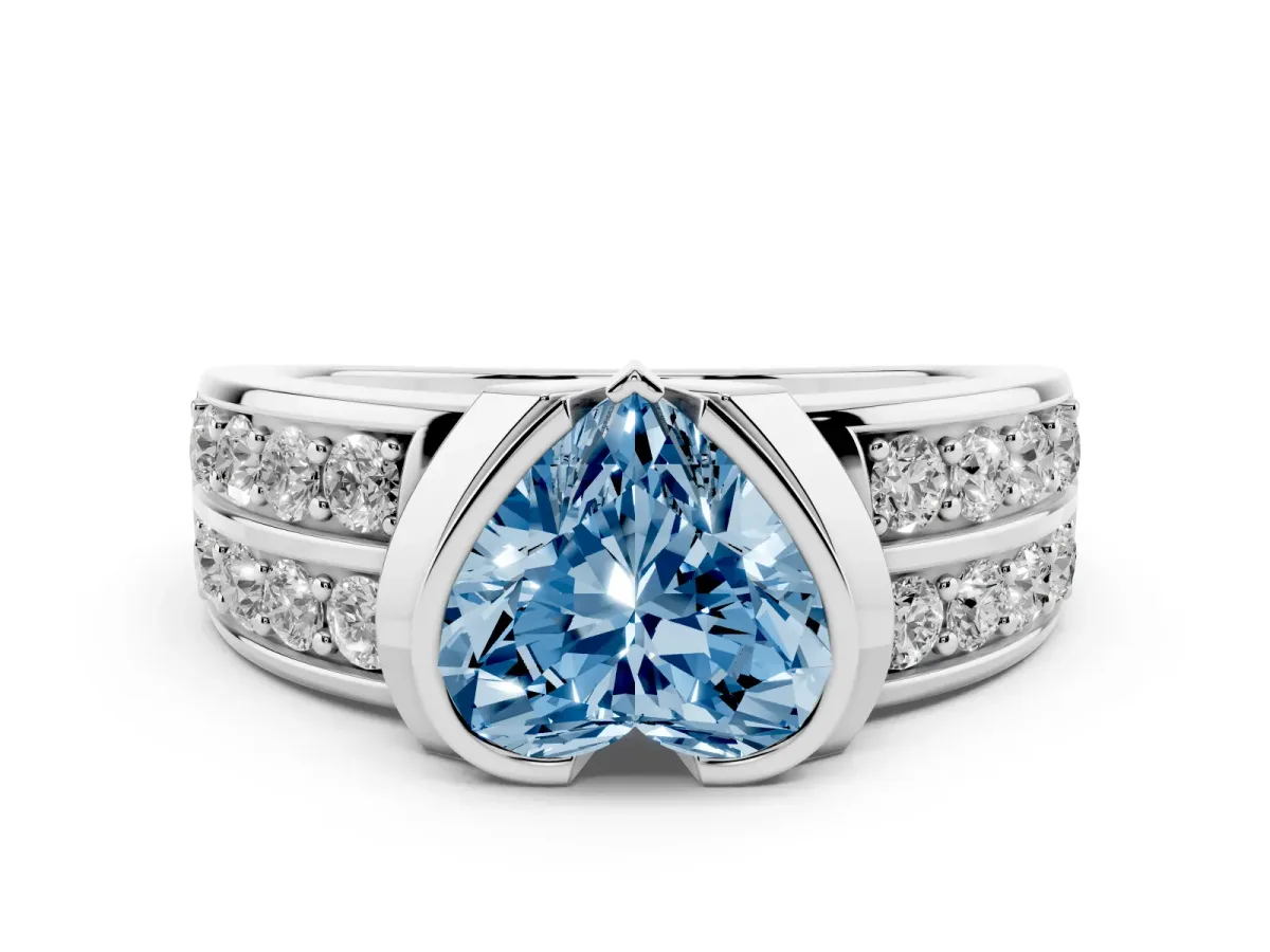 Fancy Blue Heart Cut Diamond Wide Channel Set Band Ring Set in Silver with Bezel Setting