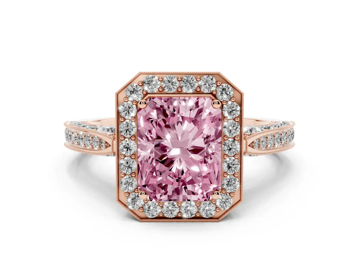 Fancy Pink Radiant Cut Diamond Halo Engagement Ring Set in Rose gold with Accent Split Shank Band