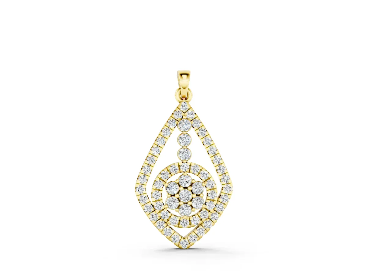 Pear-Shape Diamond Halo Pendant Set in Yellow gold with Pavé Frame and Cluster Center