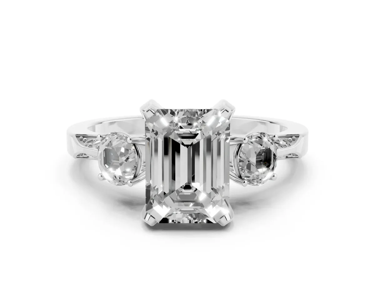 Fancy Pink Emerald Cut Diamond Three-Stone Ring Set in Silver with Pavé Band and Smaller Side Stones