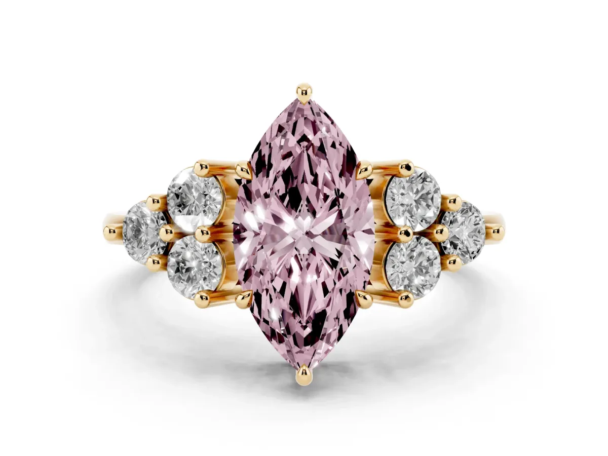 Fancy Pink Marquise Cut Diamond Solitaire Ring Set in Yellow gold with Cluster Accents on Each Side