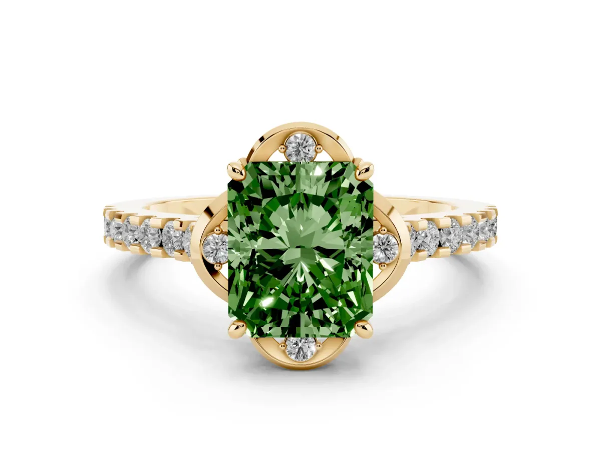 Fancy Green Radiant Cut Diamond Solitaire Ring Set in Yellow gold with Pavé Band and Floral Prong Setting
