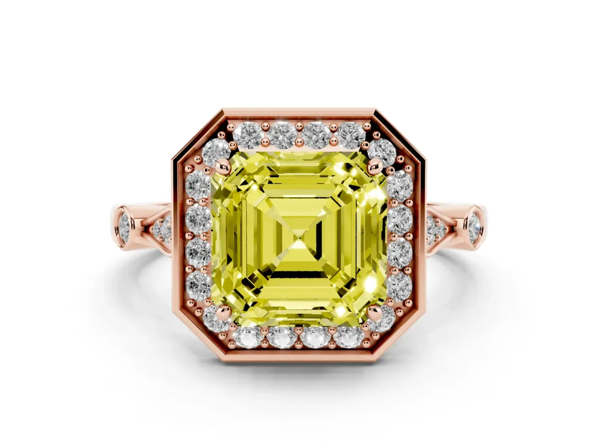 Fancy Yellow Asscher Cut Diamond Halo Engagement Ring Set in Rose gold with Twisted Band and Prong Setting