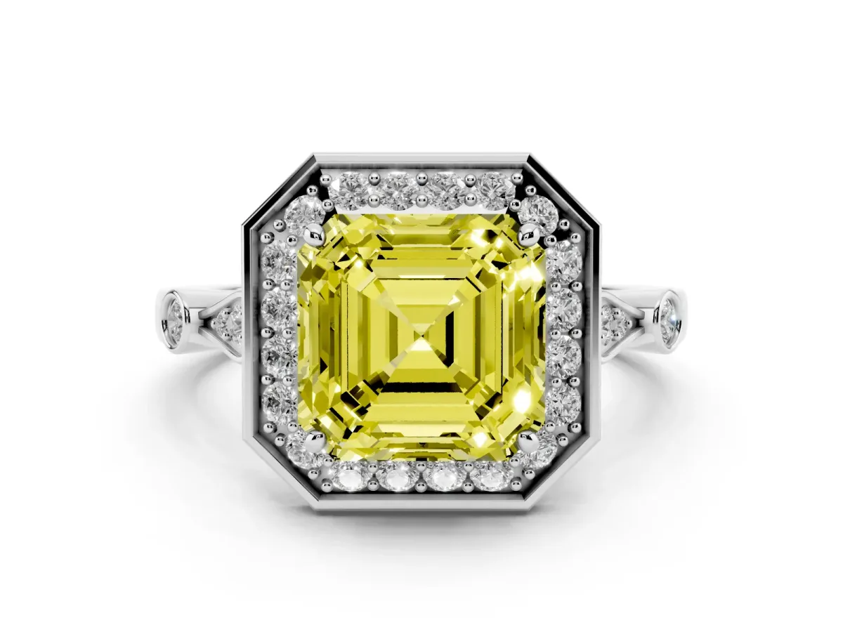 Fancy Yellow Asscher Cut Diamond Halo Engagement Ring Set in White gold with Twisted Band and Prong Setting