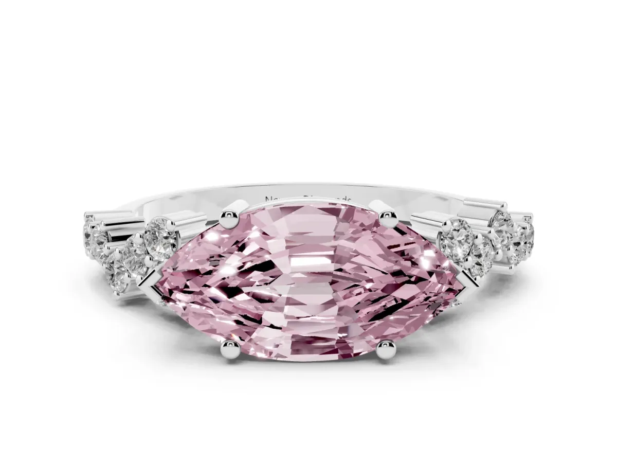 Fancy Pink Marquise Cut Diamond Ring Set in Platinum with Scattered Round Accents