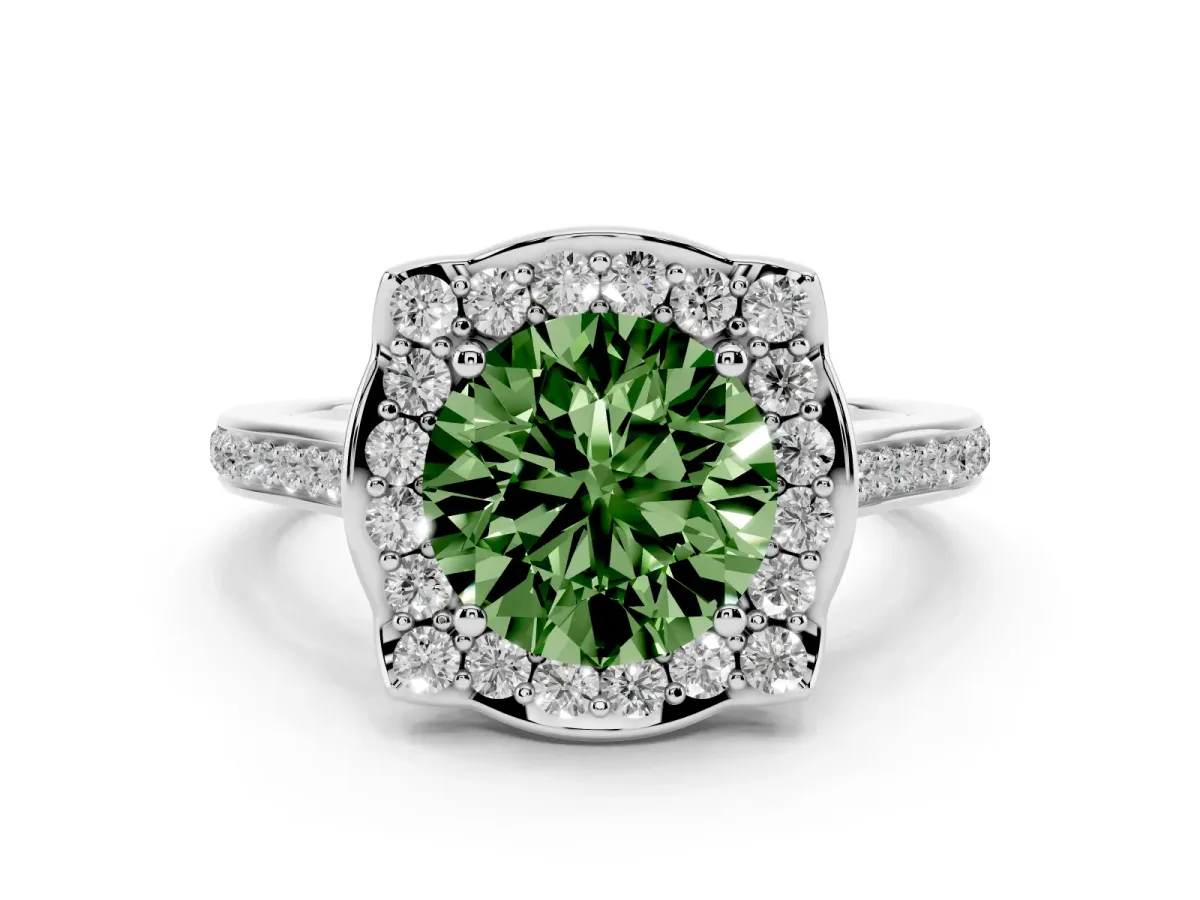 Fancy Green Round Cut Diamond Halo Ring Set in White gold with Pavé-Lined Shoulders and Prong Setting