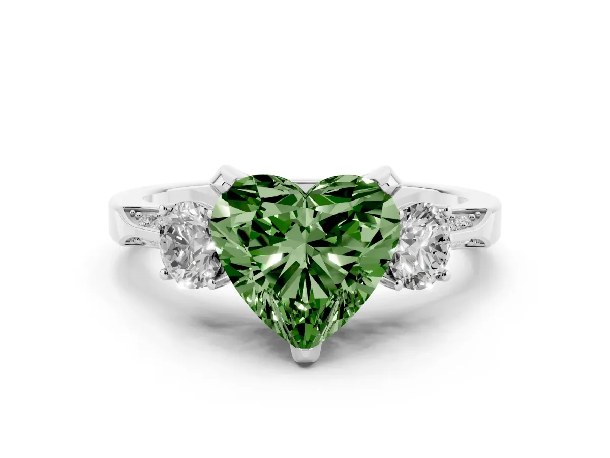 Fancy Green Heart Cut Diamond Three-Stone Ring Set in White gold with Pavé Band and Smaller Side Stones