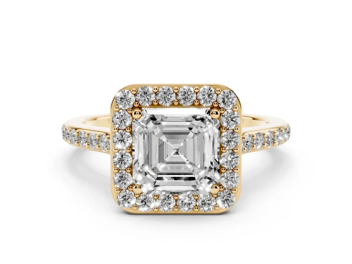 Asscher Cut Diamond Halo Engagement Ring Set in Yellow gold with Round Pavé Shoulders and Heart Gallery