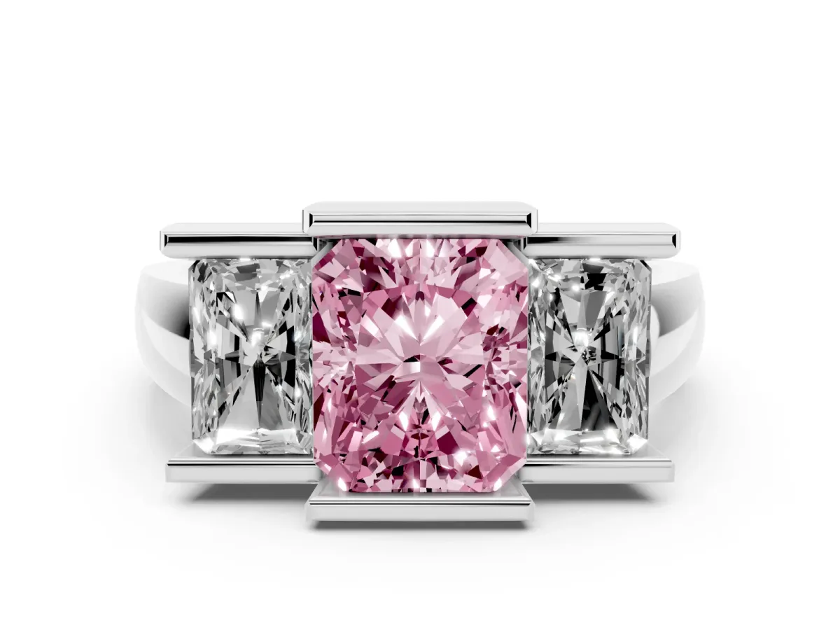 Fancy Pink Radiant Cut Diamond Three-Stone Channel Set Ring Set in Silver with Smooth Polished Band