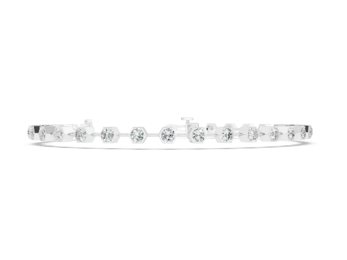 Round Diamond Hexagon Bezel Continuous Tennis Bracelet Set in Silver
