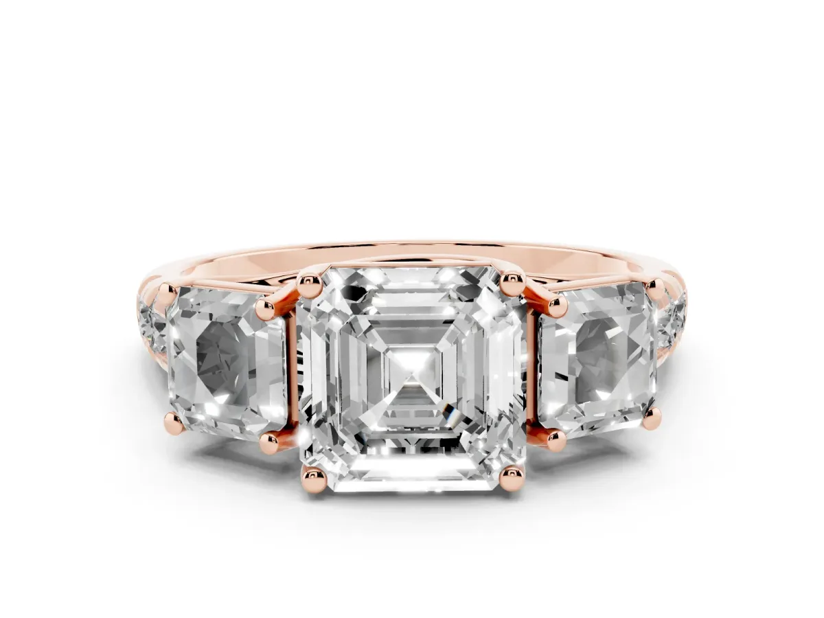 Asscher Cut Diamond Three-Stone Ring Set in Rose gold with Pavé Band