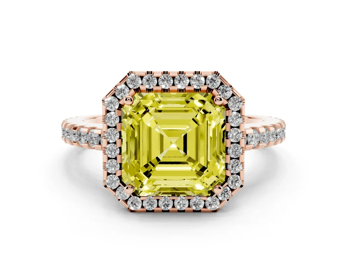 Fancy Yellow Asscher Cut Diamond Halo Ring Set in Rose gold with Pavé Shoulders and Halo-Framed Center