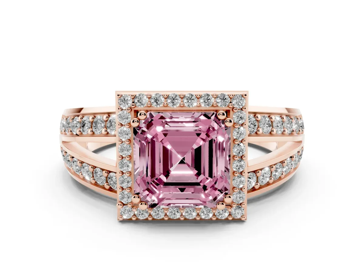 Fancy Pink Asscher Cut Diamond Halo Ring Set in Rose gold with Double Pavé Split Shank