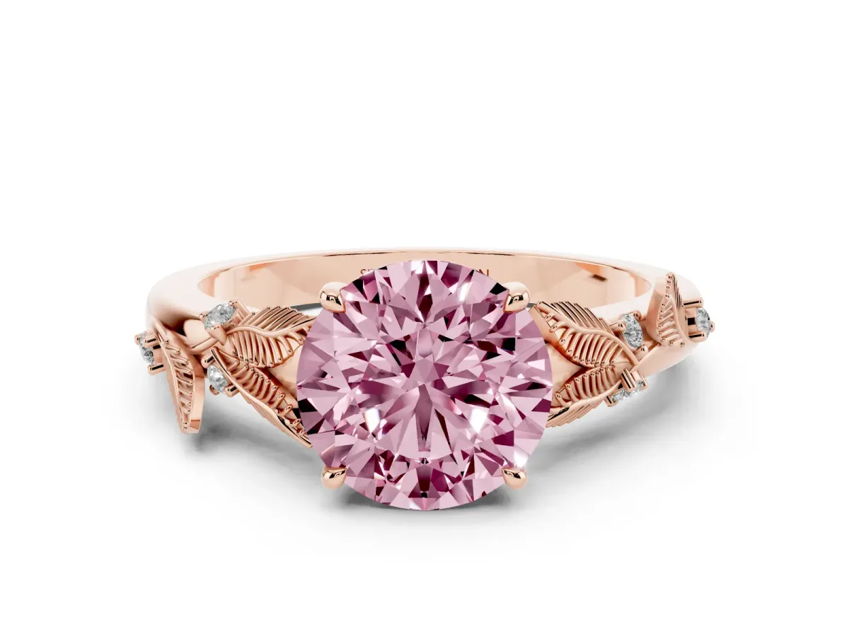 Fancy Pink Round Cut Diamond Solitaire Ring Set in Rose gold with Leaf Motif Band