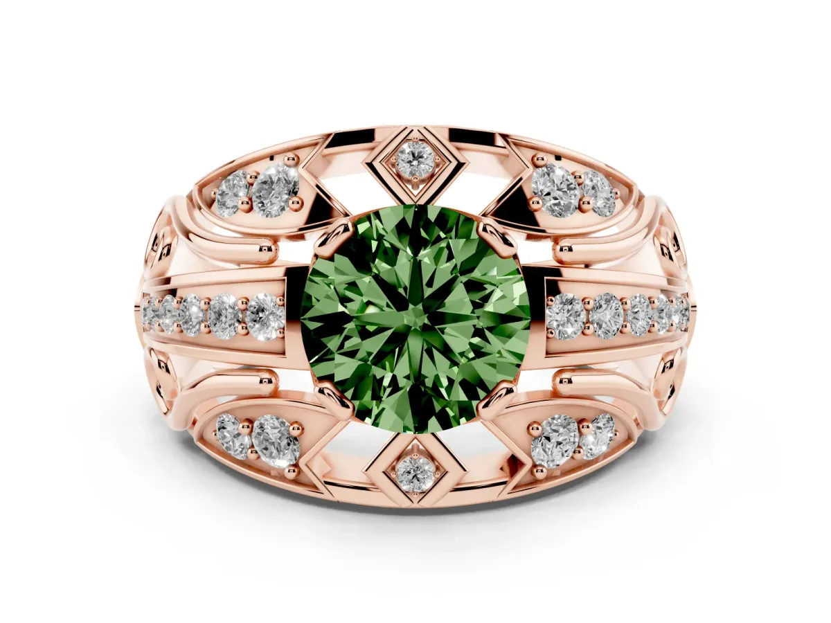 Fancy Green Round Cut Diamond Art Deco Ring Set in Rose gold with Pavé Split Shank
