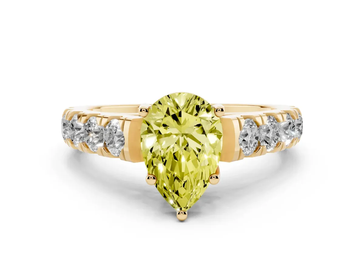 Fancy Yellow Pear Cut Diamond Solitaire Ring Set in Yellow gold with Cut-Down Micro Pavé Band and Prong Setting