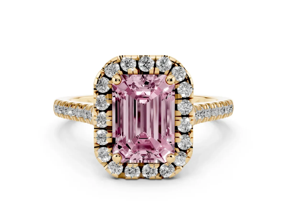Fancy Pink Emerald Cut Diamond Cushion Halo Ring Set in Yellow gold with Pavé Band