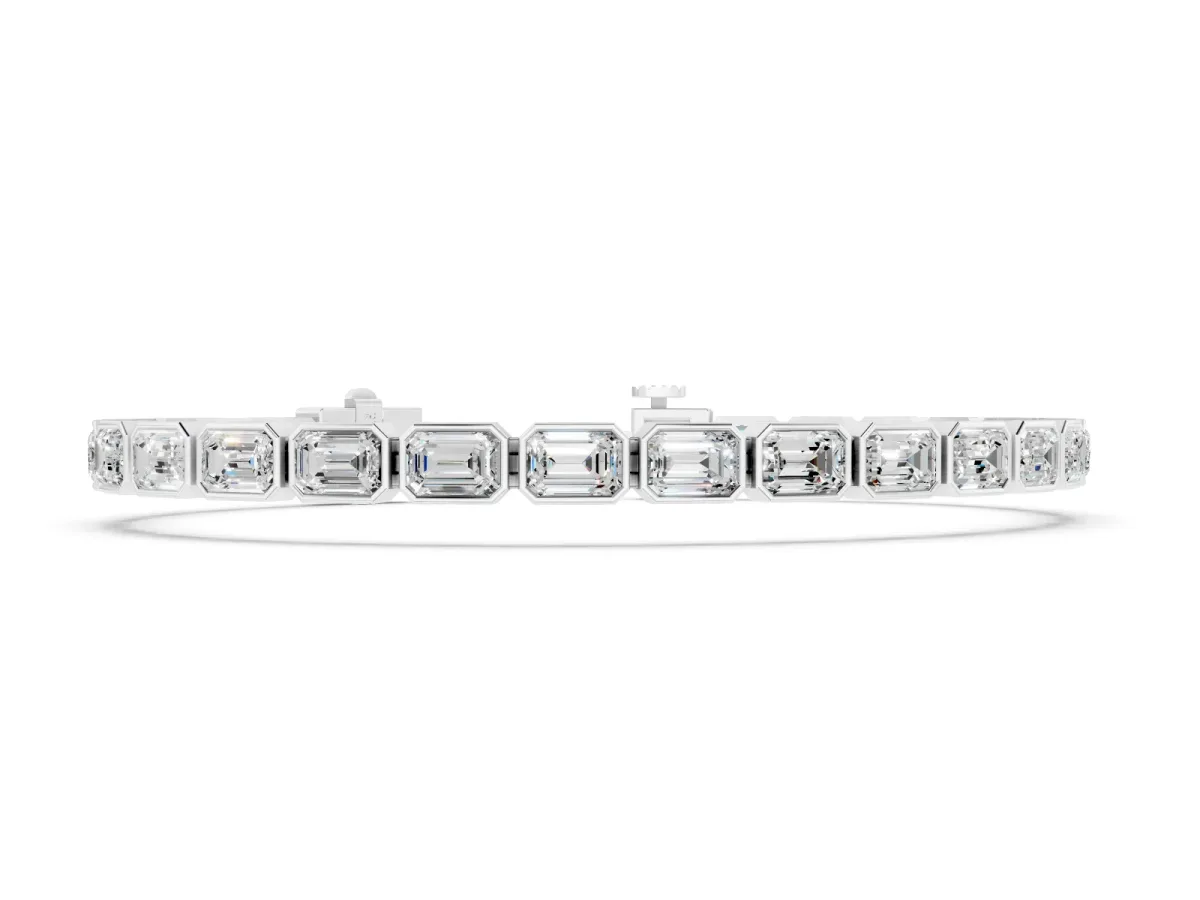 East-West Emerald Cut Diamond Tennis Bracelet Set in White gold with Bezel Setting