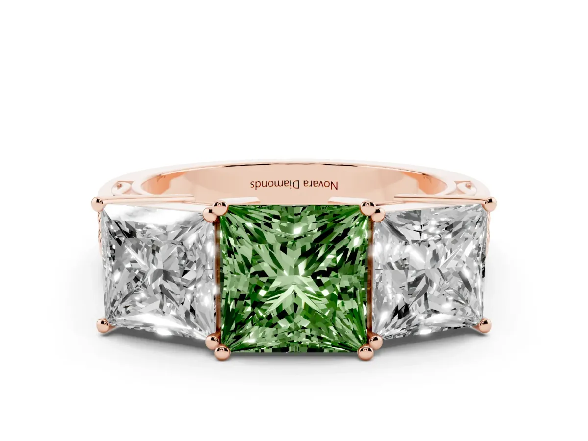 Fancy Green Princess Cut Diamond Three-Stone Ring Set in Rose gold with Textured Band