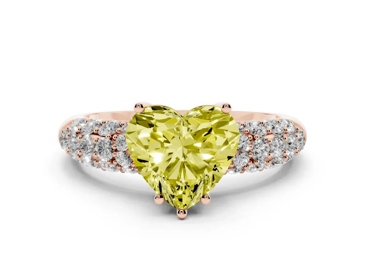 Fancy Yellow Heart Cut Diamond Pavé Band Solitaire Ring Set in Rose gold with Close-Set Accent Stones and Prong Setting